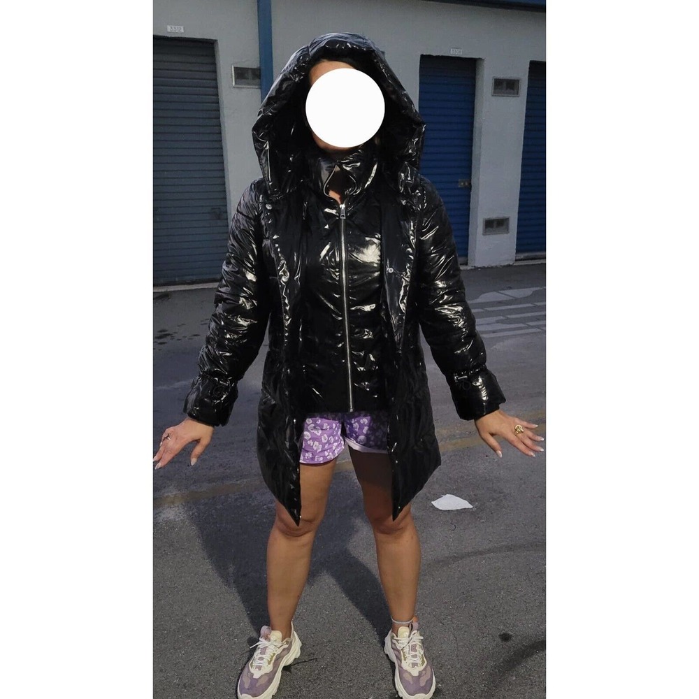Betsey Johnson Hooded Puffer Black shiny Full Zip Warm Coat Jacket Size S NEW!!!